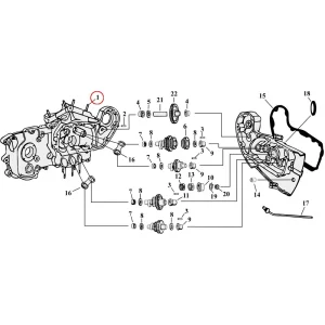 Diagram over dele til knastdrev/dæksel Eksploderet visning til 54-90 Harley Sportster