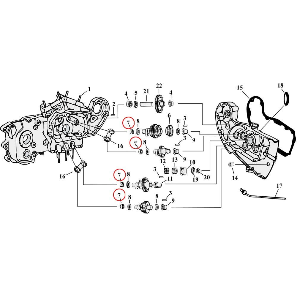 Diagram over dele til knastdrev/dæksel Eksploderet visning til 54-90 Harley Sportster - Billede 8