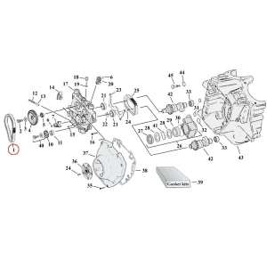 Diagram over dele til knastdrev/dæksel Eksploderet visning til Harley Twin Cam