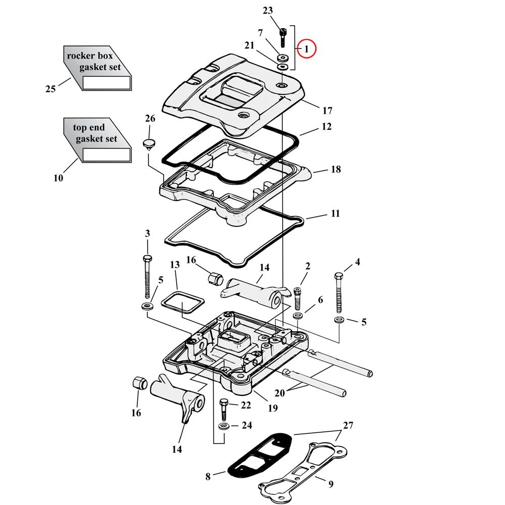 Rocker Box Parts Diagram Eksploderet visning til Harley Evolution Big Twin
