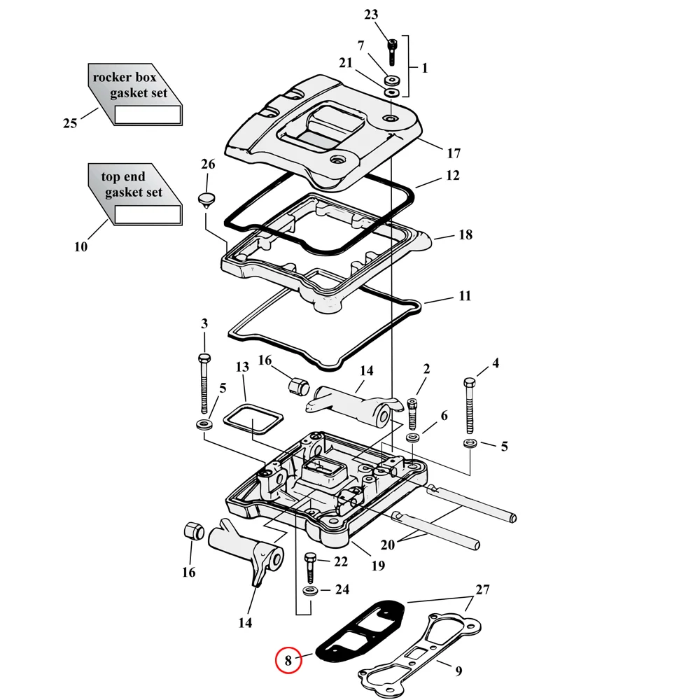Rocker Box Parts Diagram Eksploderet visning til Harley Evolution Big Twin - Billede 9