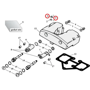 Rocker Box Parts Diagram Eksploderet visning til Harley Shovelhead